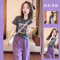 Giảm Tuổi Màu Tím Bướm In Hình Ngắn Tay Áo Thun Nữ Thường Ngày Quần Đi Làm Phù Hợp Với Hai Mảnh Phù Hợp Với#2456