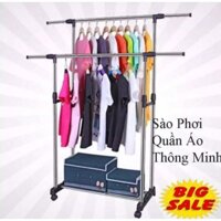 Giàn phơi, kệ treo quần áo 2 tầng inox. Chân bánh xe tiện di chuyển. Lắp ráp dễ dàng