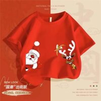 Giáng sinh Elk cotton T-Shirt chàng trai và cô gái CHA mẹ-con màu đỏ ngắn tay áo học sinh lớp quần áo hàng đầu