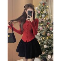 Giáng Sinh Phong Cách Mới Áo Len Đỏ Nữ Thu Đông Phong Cách Mới Bên Trong Đáy Dệt Kim Top
