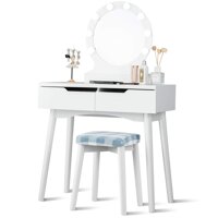 Giantex Vanity Set with Round Lighted Mirror, Makeup Dressing Table with 8 Light Bulbs and Brightness Adjustable, Bedroom Makeup Table with Cushion...