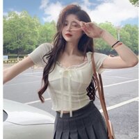 (Giao hàng nhanh tại Hà Nội) Áo Tay Phồng Hời Trang Nơ Trước Phối Ren  Xinh Xắn Cho  Nữ