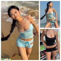 (Giao hàng nhanh tại Hà Nội)Áo dây hở lưng in hình nơ dễ nữ và+quần short dây rút bộ đồ