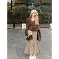 [Giao hàng tận nơi] Bộ ba chiếc Áo len phong cách nhẹ nhàng mới mùa thu đông 2024, áo khoác cardigan, váy đuôi cá phối bên trong