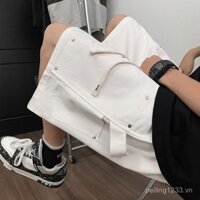 [Giao hàng tận nơi] Quần short đinh tán màu trắng quần áo công sở đường phố kiểu Mỹ loại mỏng mùa hè quần lửng thương hiệu sành điệu cỡ lớn quần năm Phân rộng rãi