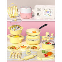 GIAO NHANH-Bộ đồ chơi bếp nấu chín ăn thật 45 chi tiết cao cấp Nồi tráng men Inox 304 nhựa an toàn