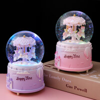 GIAO NHANH-Quà lưu niệm trang trí Quả cầu tuyết thủy tinh merry go roundVòng quay ngựa gỗ Happy Time