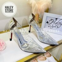 Giày ball đá hạt HALEY STORE cao gót 9cm bít mũi nhọn mika trong suốt đính hạt đá nhỏ cô dâu tiểu thư công chúa đi tiệc