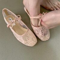 Giày Ballet Nữ Đế Bằng Ren Đế Mềm Cao Su Slip-On Mũi Tròn