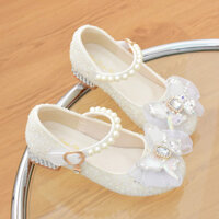 Giày Bé Gái Giày Da Trắng Trẻ Em Nàng Tiên Cá Pha Lê Công Chúa Giày Cao Gót