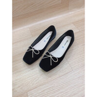 Giày bệt búp bê nữ mũi vuông phối nơ chuông đính đá lên chân tôn da xinh xắn