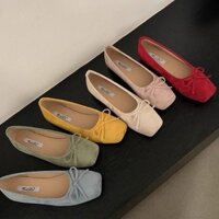 Giày bệt nữ ballet có nơ, giày slip-on bằng da lộn cao su