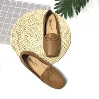 Giày bệt nữ da thật họa tiết nơ màu nâu bảo hành 12 tháng
