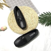 Giày bệt nữ da thật họa tiết nơ màu đen