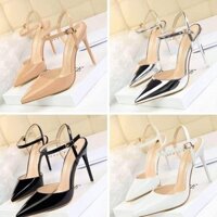 Giày bít mũi cao gót bigsize da trơn gót nhọn có dây quai cài mảnh full size từ 30-44, G012