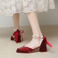 giày bít mũi nữ cao gót đế vuông 5cm mũi vuông đính đá đi học đi chơi đi tiệc mẫu mới 2022