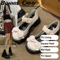 Giày Bonnie Cathy Bowknot được trang trí màu đen Mary Jane có mũi tròn và gót giữa
