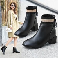 GIÀY BOOT CỔ CAO VIỀN LEN KHOÁ SAU MŨI VUÔNG/BỐT NỮ GÓT VUÔNG 5CM