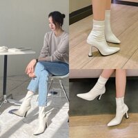 Giày boot cổ ngắn ôm chân đế 8cm màu trắng kem GBCN-30W