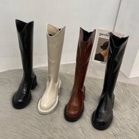 Giày Boot Đùi Nữ Boots Ulzzang Cổ Vát Đế Cao Có Khoá Sau Da Bóng - KDV4