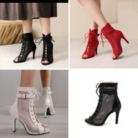 Giày boot lưới hở mũi đan dây dance màu đỏ, đen, trắng kem BNCN16
