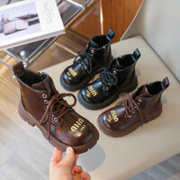 Giày Boot Mắt Cá Chân Bé Gái Xuân Thu Trường Đa Năng Trẻ Em Giày Da Đen Thời Trang Nhân Quả Giày Trẻ Em Matte PU