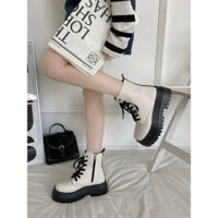 Giày boot nữ cao cổ đế cao 6cm dây buộc khoá kéo phong cách Hàn Quốc