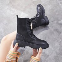 Giày boot nữ cổ cao cột dây đế bằng hàn quốc
