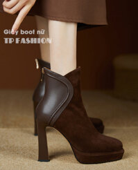 Giày boot nữ cổ ngắn cao gót 10.5cm chất da lộn màu nâu êm chân tôn dáng GBN26C