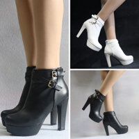 Giày boot nữ cổ ngắn CAO GÓT 12CM đế đúp 3cm 2 màu đen, trắng phong cách NỮ TÍNH NHẸ NHÀNG GBN103