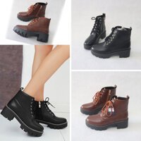 Giày boot nữ cổ ngắn cột dây ĐẾ BẢNG cao 5cm, 2 màu đen, nâu, thiết kế ĐƠN GIẢN- HIỆN ĐẠI- TRẺ TRUNG GBN03