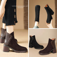 Giày boot nữ cổ ngắn ĐẾ THÔ màu đen, nâu cao 7cm chất da lộn mềm mix da PU MỀM ÊM GBN43