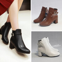 Giày boot nữ cổ ngắn gót vuông CÓ QUAI NGANG cao 6cm 3 màu ĐEN, TRẮNG, NÂU style HIỆN ĐẠI - THANH LỊCH GBN36