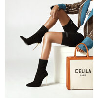 Giày boot nữ cổ ngắn ÔM CHÂN gót nhọn 10cm vải dệt kim êm chân BNCN5