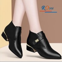 Giày boot nữ cổ thấp 4 phân hàng hiệu rosata hai màu đen kem ro308 - Đen - 35