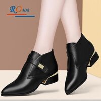 Giày boot nữ cổ thấp 4 phân hàng hiệu rosata hai màu đen kem ro308 - Đen - 38