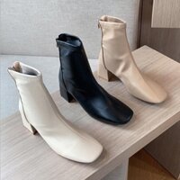 Giày Boot nữ cổ thấp mũi vuông da mềm đế vuông cao 5cm thời trang Hàn Quốc - Génial Shoes