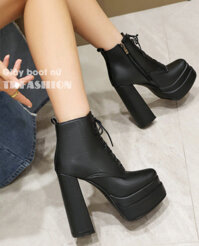 Giày boot nữ CỘT DÂY cổ ngắn gót vuông đế kép 14cm, mũi vuông ÔM CHÂN - HIỆN ĐẠI GBN20A
