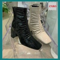 Giày Boot Nữ/ Giày Boot Cổ Thấp 7Cm Da Nhăn Bóng Hai Màu Đen Kem Trắng Cực Sang Chảnh Đế Vuông Mũi Vuông TET