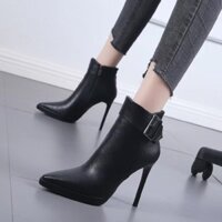 Giày boot nữ gót nhọn 10,5cm mũi nhọn DA SANG TRỌNG màu đen BNCN58
