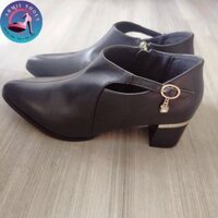 Giày Boot nữ gót vuông 5 phân cổ ngắn mũi nhọn khóa kéo bên hông