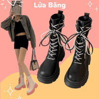 Giày Boot Nữ Martin Cổ Cao Đế Chiến Binh 5cm Dây Buộc Trước và có  Khóa Cạnh bản mix dây nổi bật D22 Blackkpink