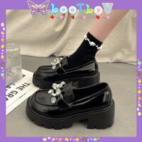 Giày Boot Oxford Lolita Nữ Ulzzang đen bóng đính đá phong cách Hàn Quốc