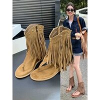 Giày Boot tua rua đinh tán da thật Luo, giày đế xuồng mùa hè 2025 nữ, xăng đan Bohemian