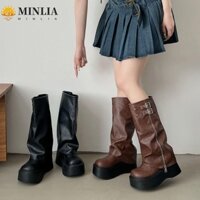 Giày bốt cao đến đầu gối nữ IVORYZF, Giày bốt đi xe đạp nữ đế bệt Y2K Punk, Khóa thắt lưng Harajuku thời trang Giày bốt ống dài thông thường cho bé gái