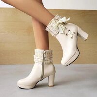 Giày bốt cao gót chunky kiểu dáng thơm mát cho nữ, kích thước lớn 35-44, giày bốt Martin mùa đông có lót lông cừu, giày bốt đa năng cho mùa xuân và mùa thu.