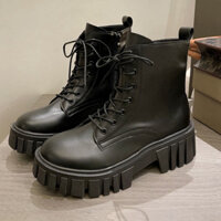 Giày bốt da cổ cao đế dày mũi tròn, Giầy boot Martin cao gót ulzzang Hàn Quốc thời trang dành cho nữ, khóa kéo Box