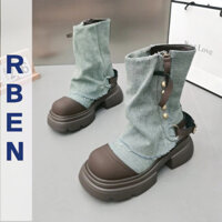 Giày bốt da nữ. Quần và bốt denim phương Tây. Giày bốt Martin mũi tròn, giày bốt ngắn gót dày đế tròn