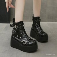 Giày bốt ngắn đế dày đa năng có đinh tán, giày bốt xe máy tối màu, giày đế bệt punk có đinh, giày nữ tăng chiều cao gót ẩn, hot girl