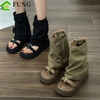 Giày bốt ngắn Denim FUNG, Giày bốt hở ngón bằng da mềm cổ điển, Thiết kế mới Y2K Cool Street Style Gladiator Giày Sandal Nữ